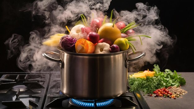 Garnek na kuchence z gotującą się potrawą